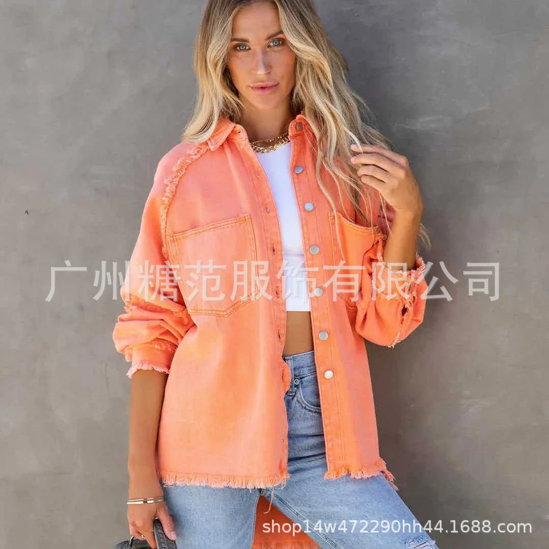 Women’s Vintage Frayed Edge Mid-Length Jean Coat – Colorful Patch Jacket