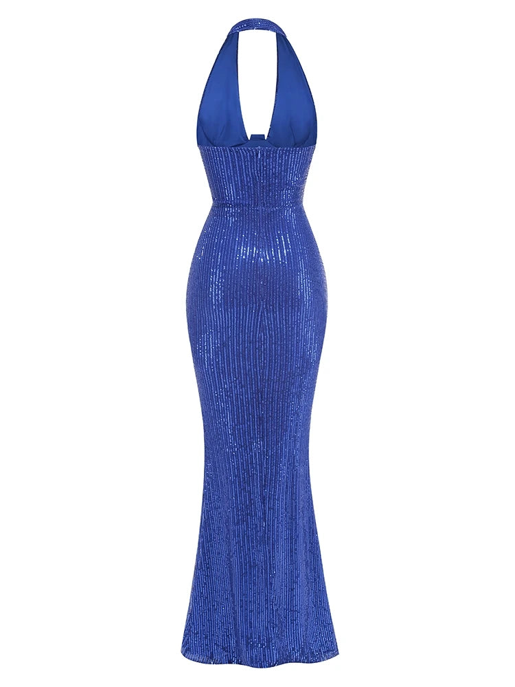 Glamour Green Sequin Halter Maxi Dress – Deep V Celebrity Gown