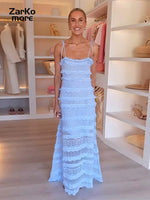 Blue Bliss: Sexy Ruffle Slip Long Dress for Summer 2025
