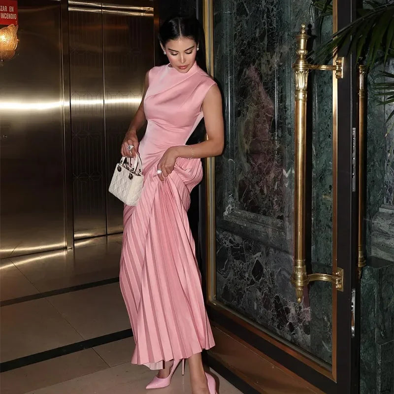 Grace in Motion – Pleated Wrap Waist Maxi Dress