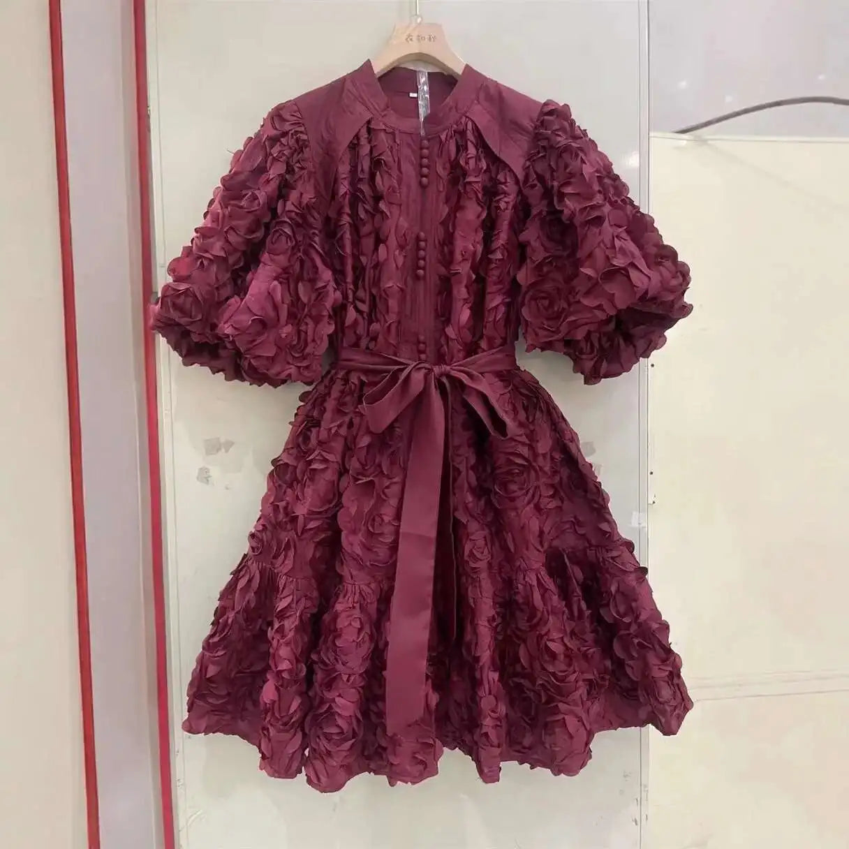 Blooming Grace – 3D Floral Bubble Sleeve Evening Dress