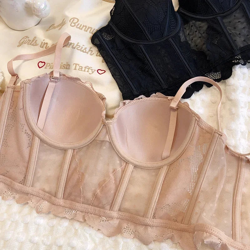 Black Mesh Dot Lace Underwear – 2-Piece Push Up Bra & Panty Set