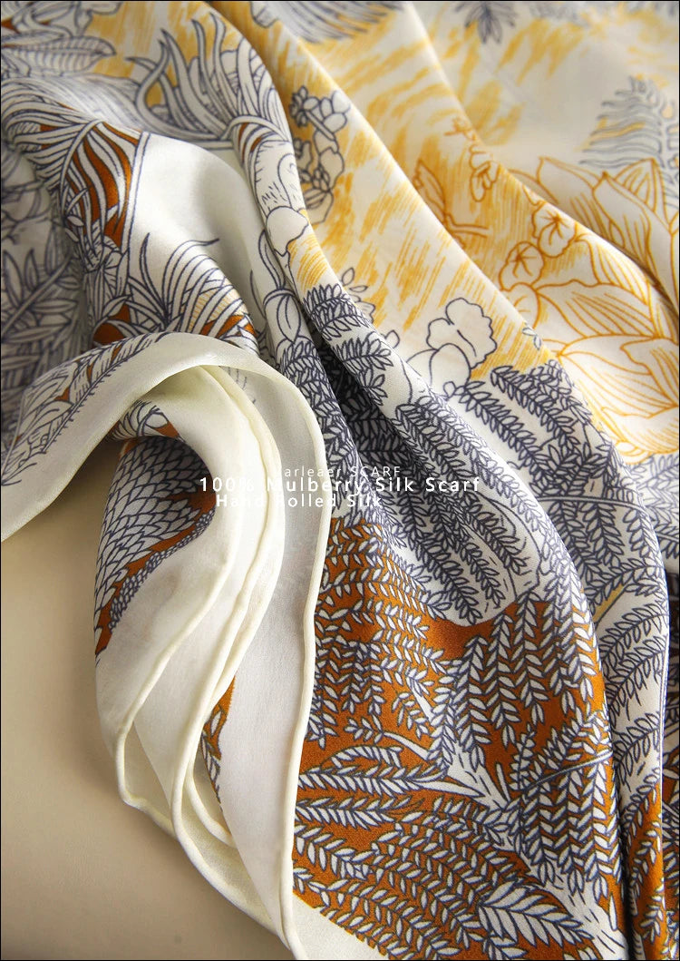 Luxury 110CM Silk Scarf for Women – Tropical Faubourg Print Head & Neck Shawl