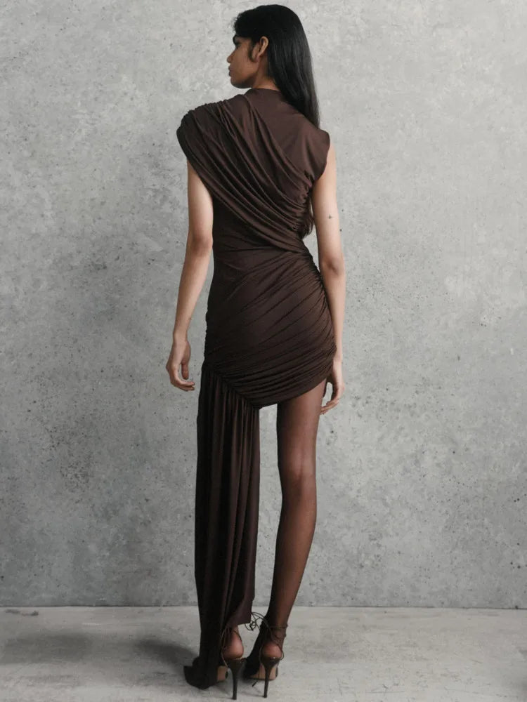 High Waist Ruched Mini Dress – Turtleneck Sleeveless Party Look