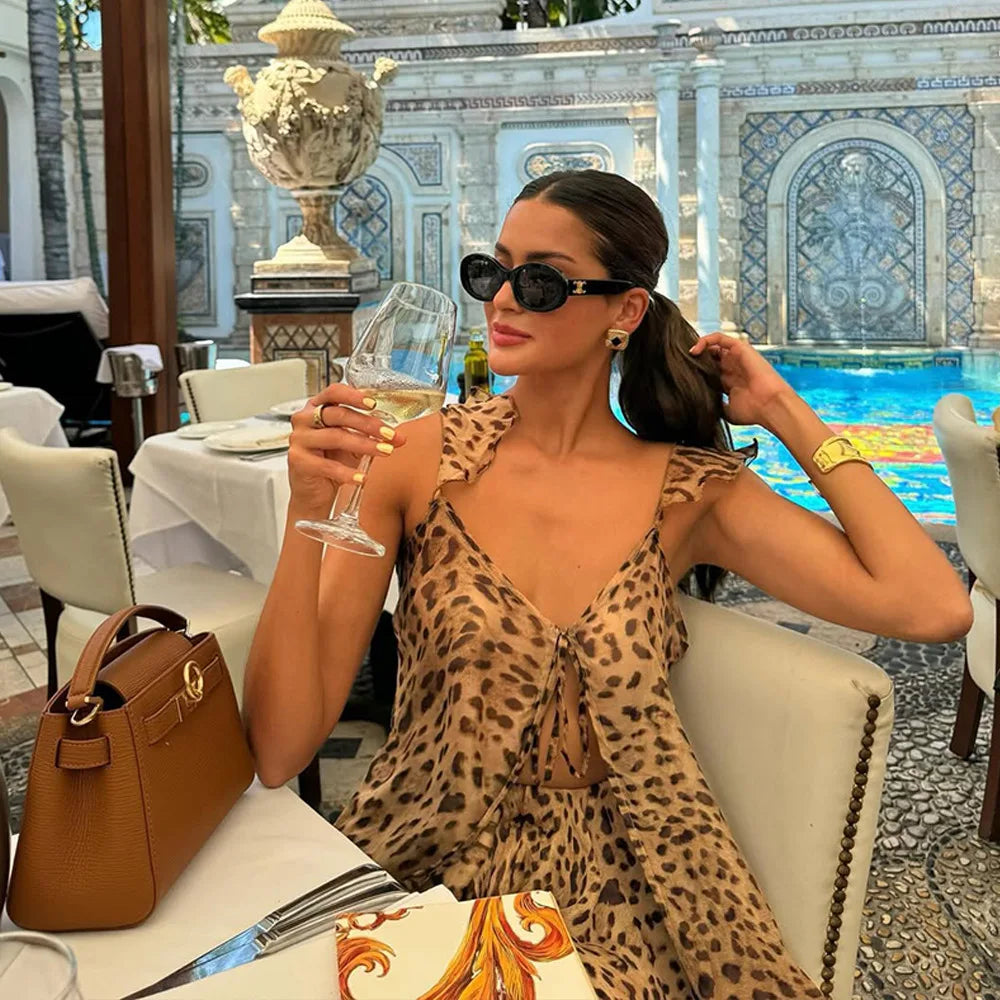 2025 Women's Beach Vacation Set – Chiffon Halter Dress + Leopard Print Shorts