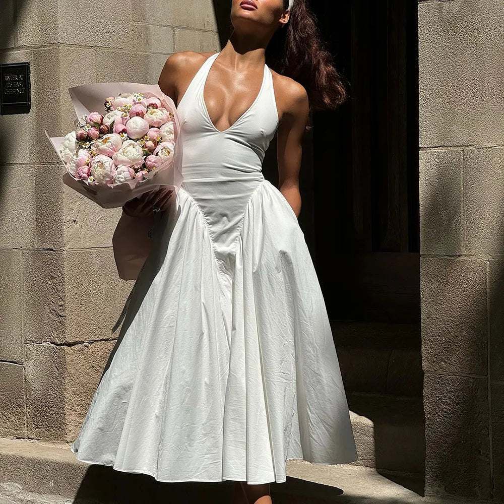 Talenza Summer Sleeveless Halter Dress – Elegant White Evening Gown