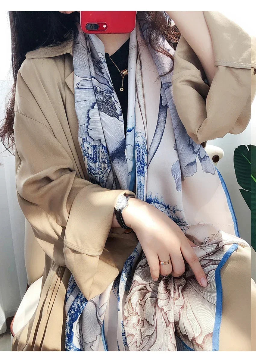 Luxury Printed Pure Silk Scarf – Long Designer Wrap & Shawl for Women