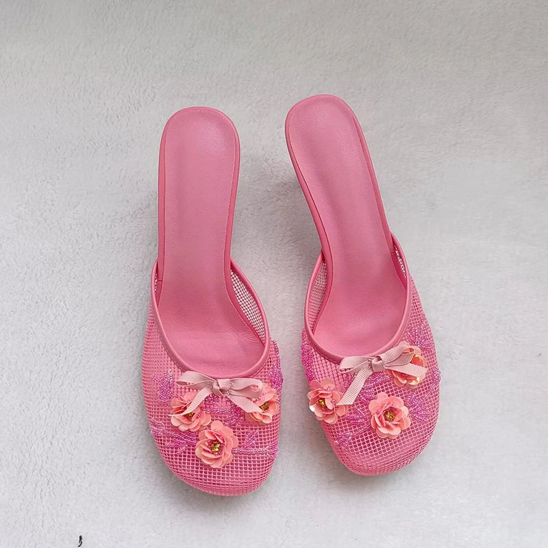 Sexy Thin Heel Flower Mesh Sandals – Summer Statement Slides for Women