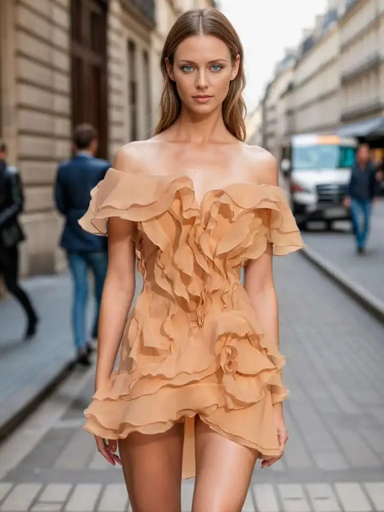 TWOTWINSTYLE Elegant Off-Shoulder Ruffle Mini Dress – Chic & Feminine