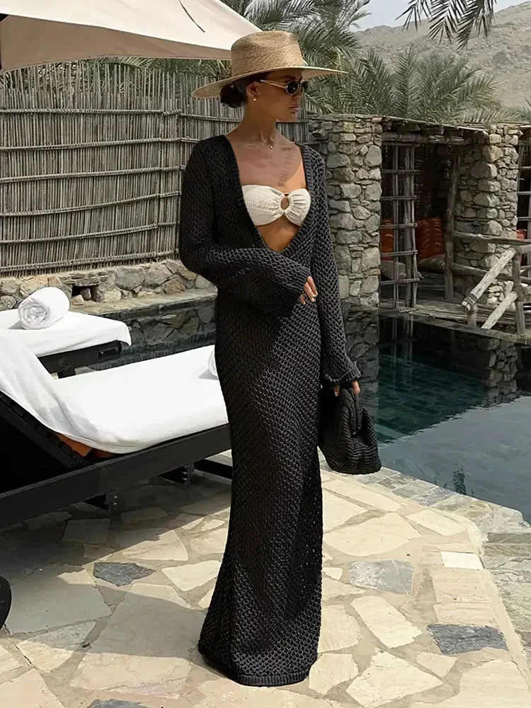 Summer 2024 Bell Sleeve Knit Beach Cover-Up Maxi Dress