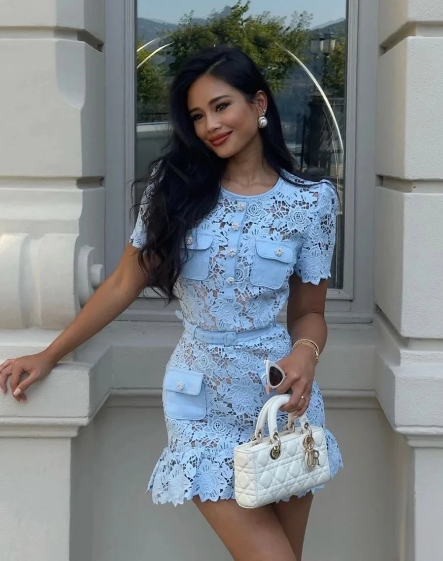 Elegant Street Style: Blue Lace Hollow Out Bodycon Dress with Belt