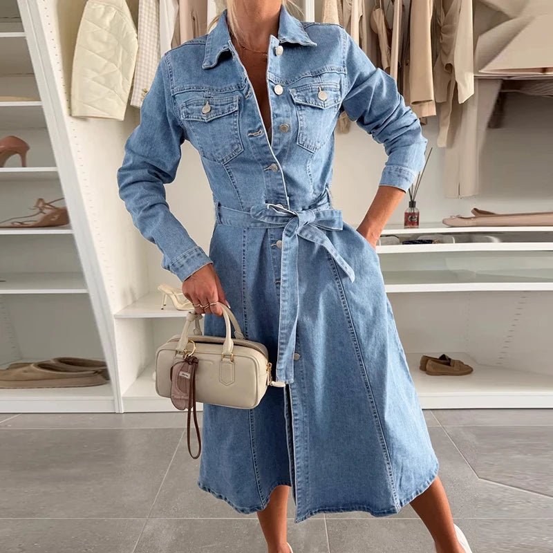 High-Waist Denim Midi Dress – Casual Lapel Shirt Style with Belted Fit