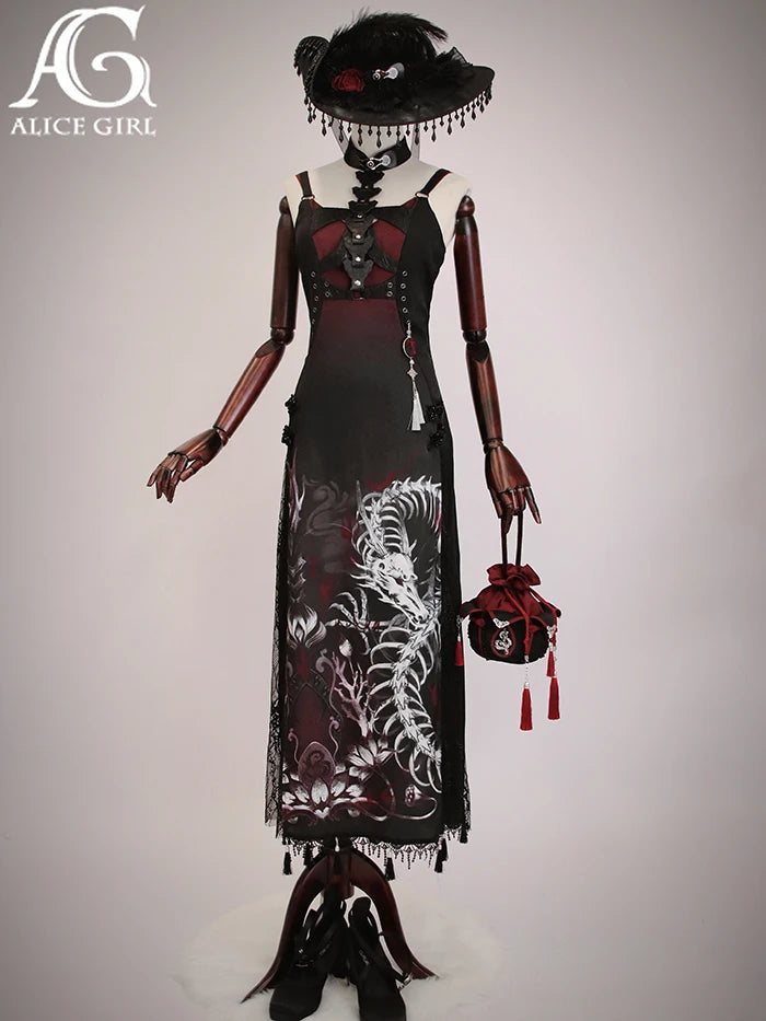 Original Alice Girl Dragon Print Dress – Light Lolita Gothic Punk Slip Dress