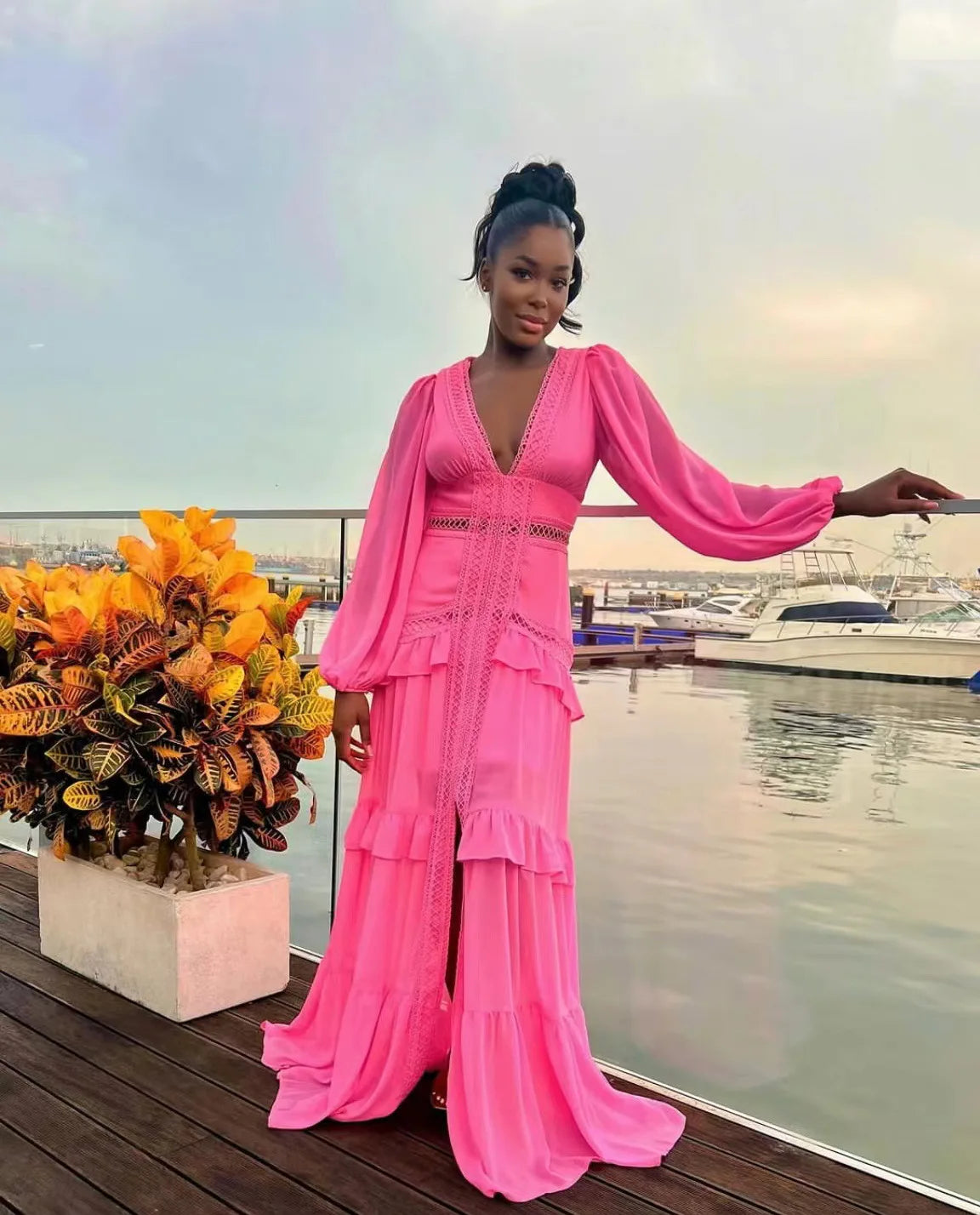 Elegant Ruffle Hollow-Out Maxi Dress – Summer Party Chic