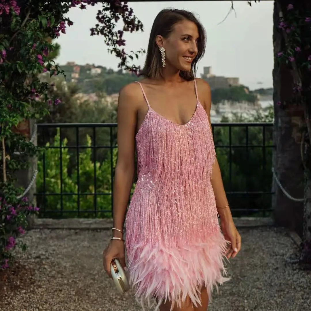 Feather Trim Sparkle Mini Dress – Club & Prom Edition