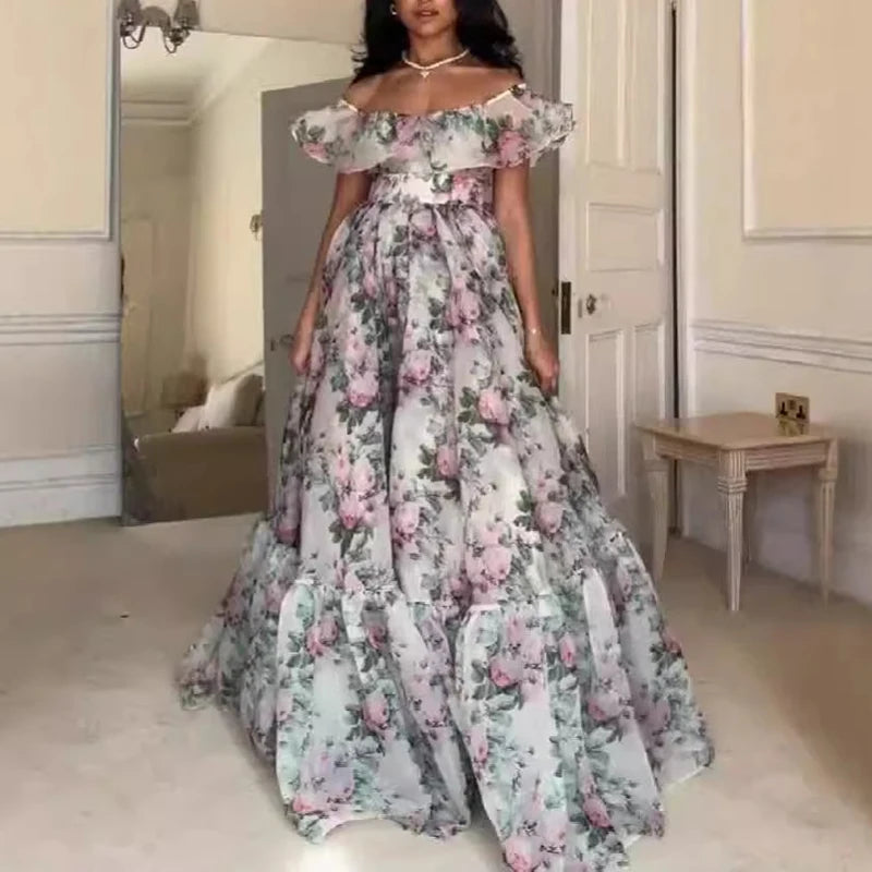 Sexy Strapless Garden Party Dress – Pleated Floral Print Evening Gown