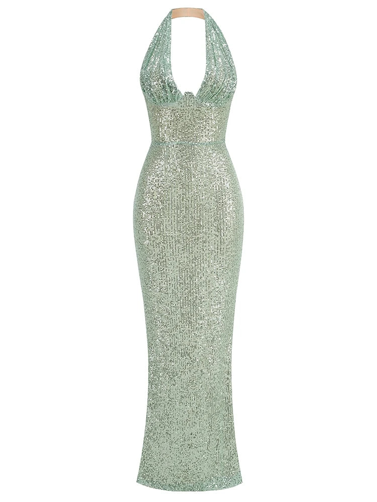 Glamour Green Sequin Halter Maxi Dress – Deep V Celebrity Gown
