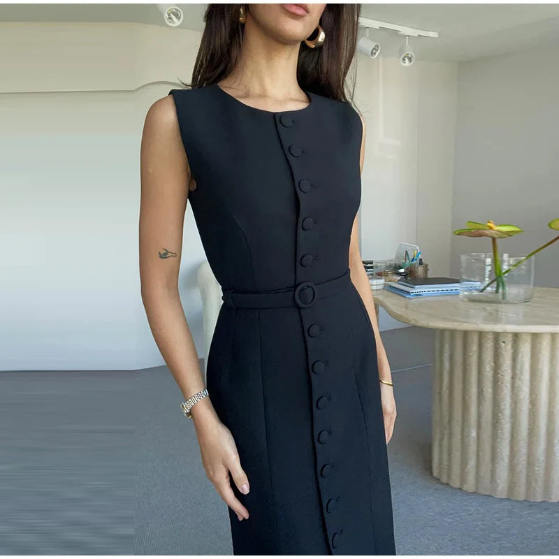 Elegant 2025 Belted Tank Dress – Slim Fit Sleeveless Street Style