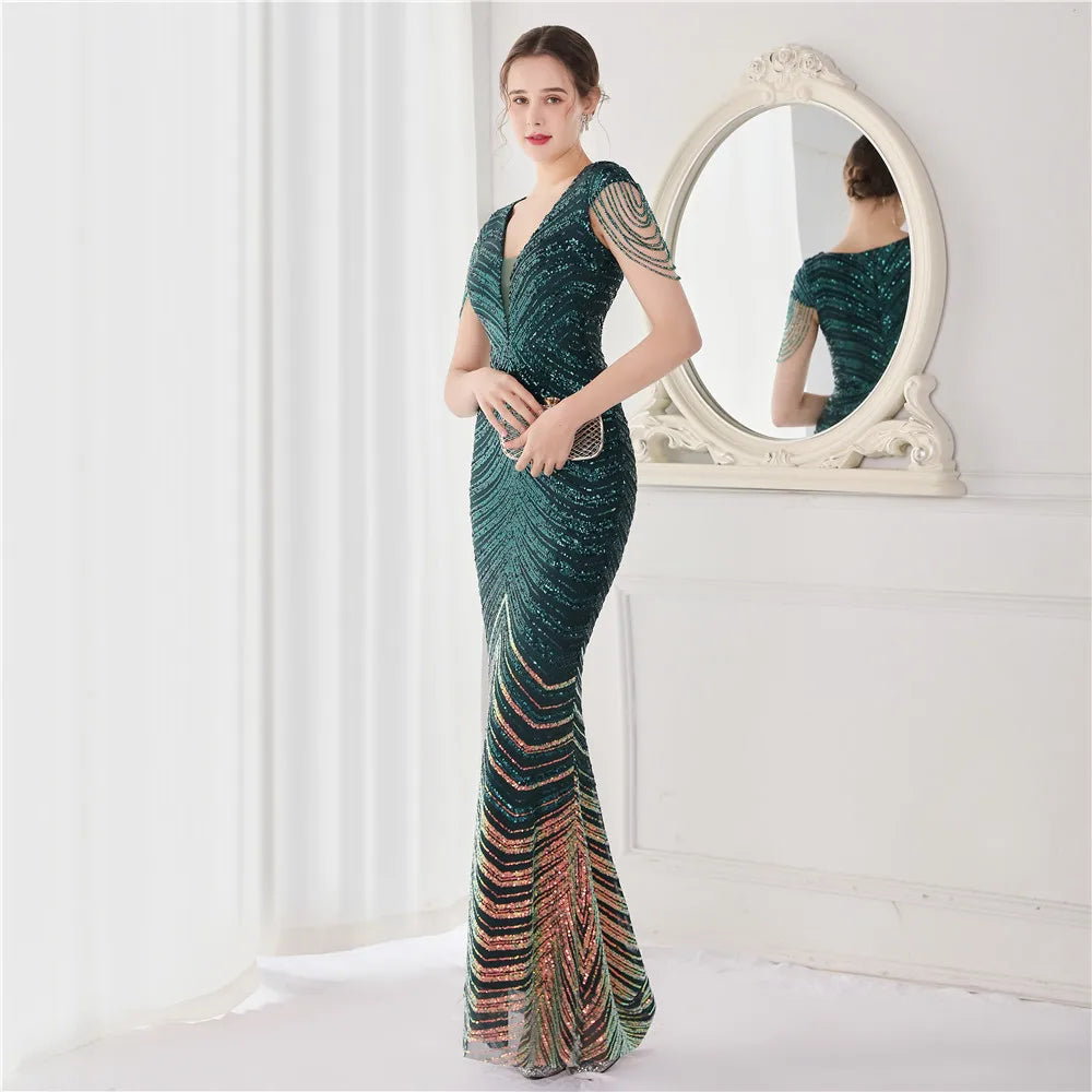 Glamorous Beaded Mermaid Evening Dress – Elegant V-Neck Silhouette for Women
