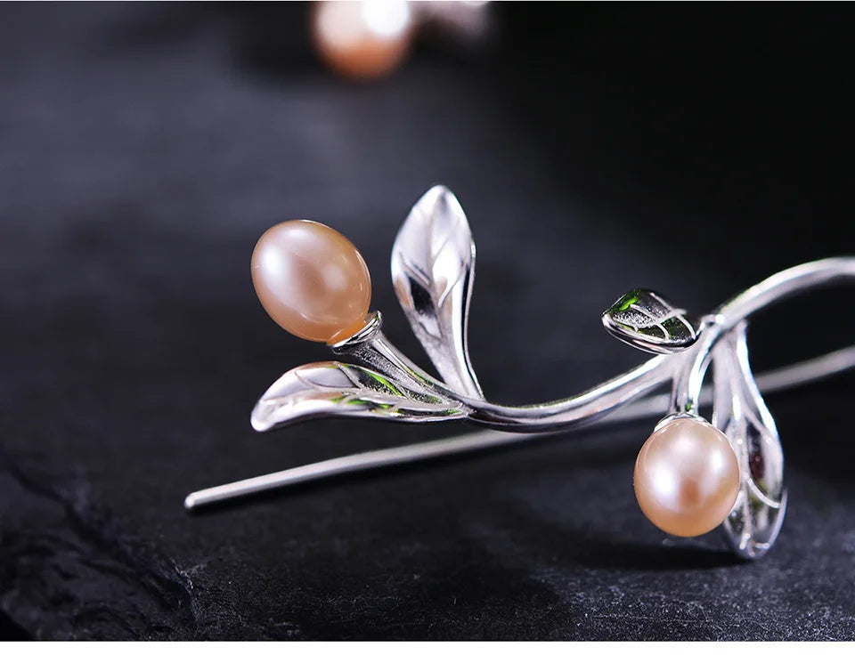 925 Silver Olive Leaves Pearl Drop Earrings – Nature-Inspired Jewelry