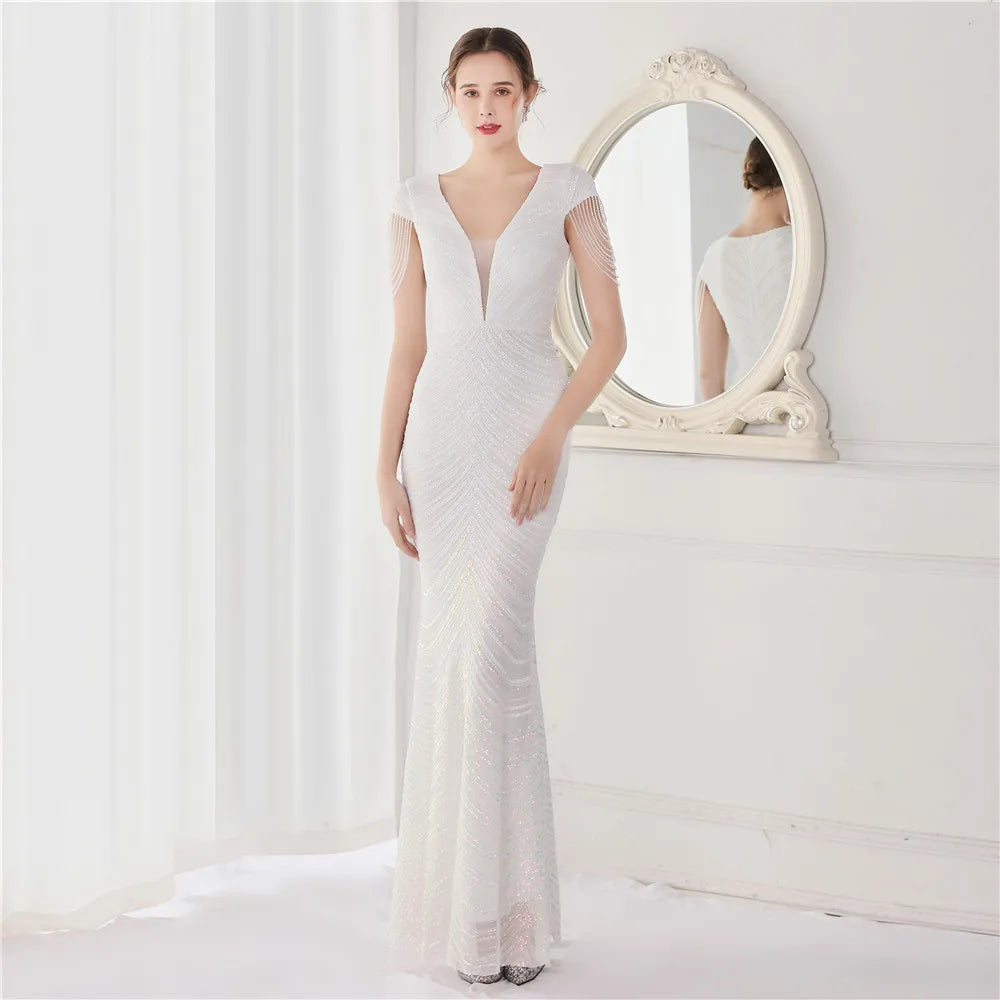 Glamorous Beaded Mermaid Evening Dress – Elegant V-Neck Silhouette for Women