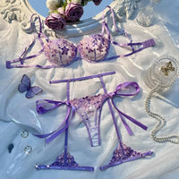 Seductive Purple Embroidered Lingerie – 3-Piece Lace Bra, Panty & Garter Belt Costume for Women