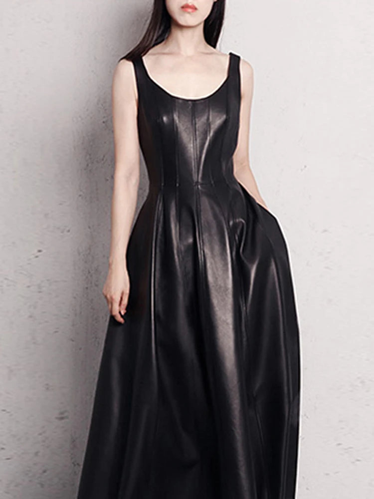 Women’s Luxury Faux Leather Maxi Dress – Lautaro Elegant Fit & Flare Retro Style