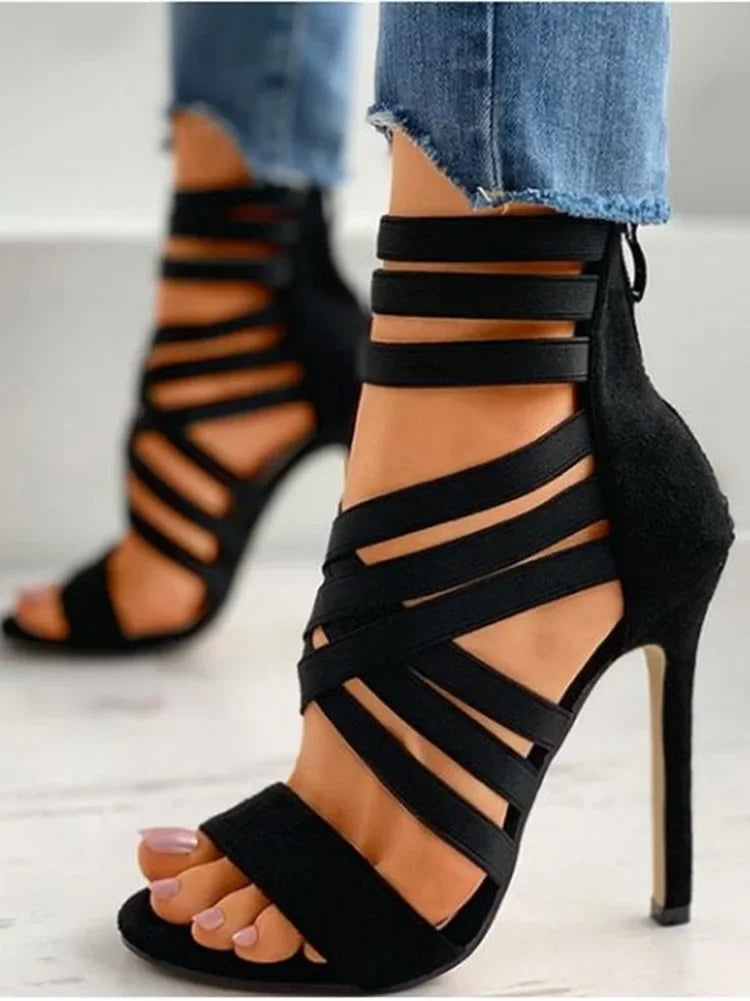 Sexy Back Zipper Peep Toe Heels – Elastic Cross Strap High Heel Sandals