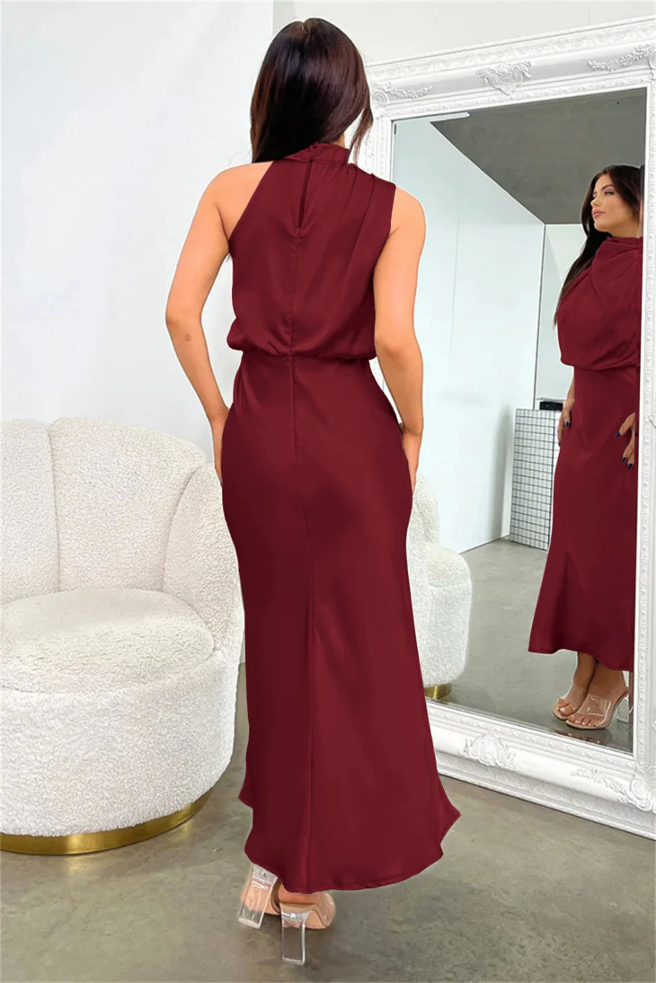Luxury Satin Party Dress – Sleeveless Long Gown for Women’s Evening Events