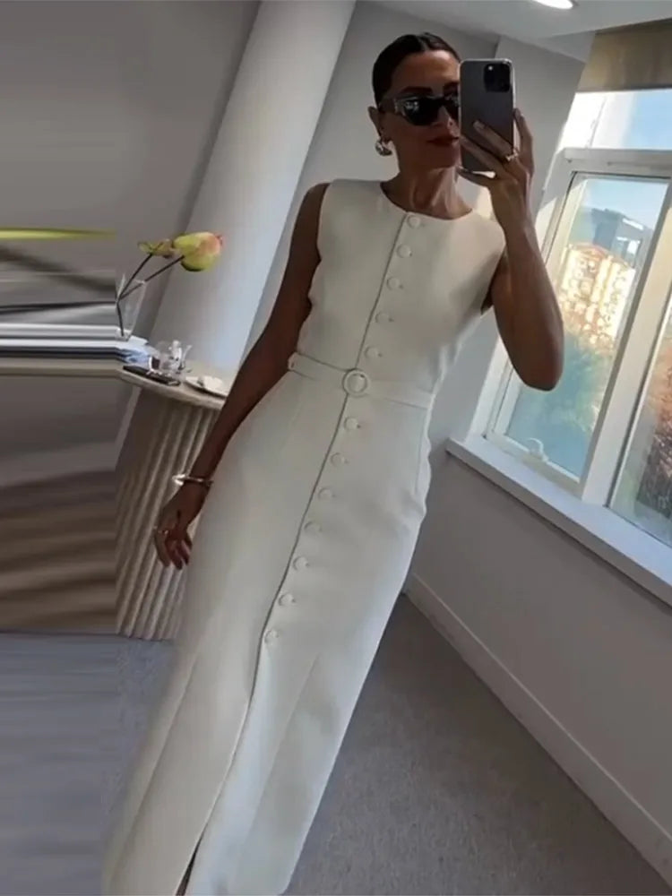 Elegant 2025 Belted Tank Dress – Slim Fit Sleeveless Street Style