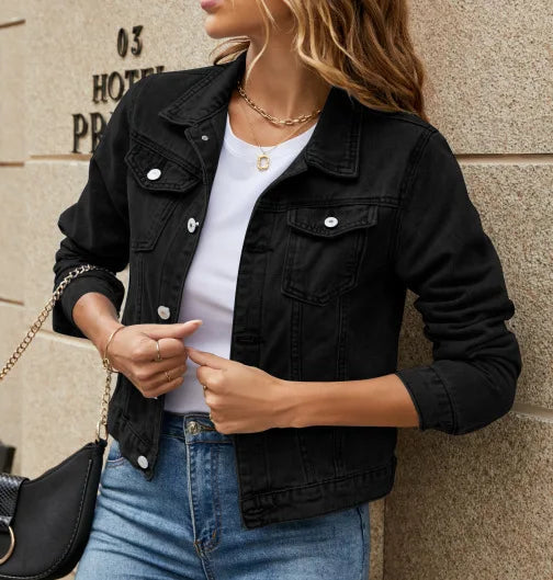 Trendy Women's Short Denim Jacket – Lapel Collar & Pocket Detail