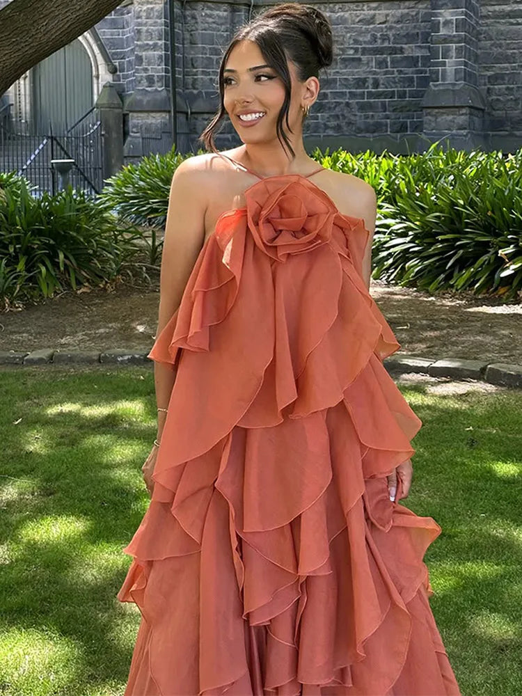 Women’s Sleeveless Pleated Tube Dress – 3D Flower Draped Evening Party Dress
