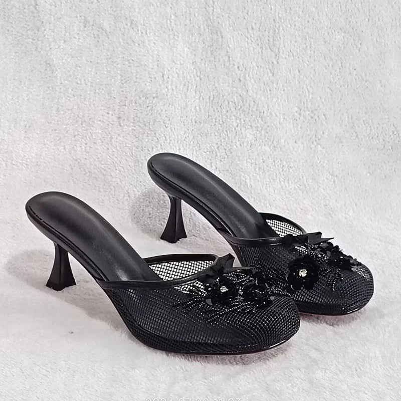 Sexy Thin Heel Flower Mesh Sandals – Summer Statement Slides for Women