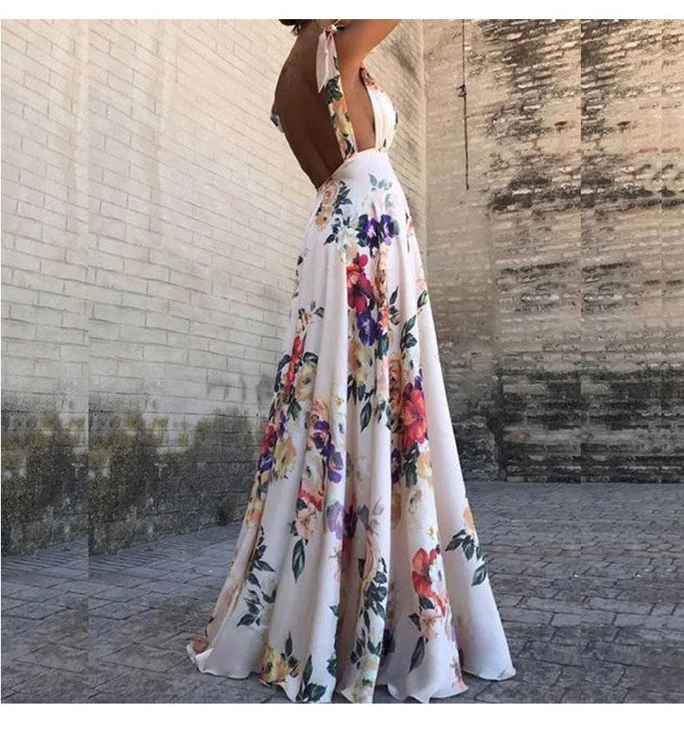 Backless Printed Maxi Dress – High Waist Swing Camisole Dress for Women