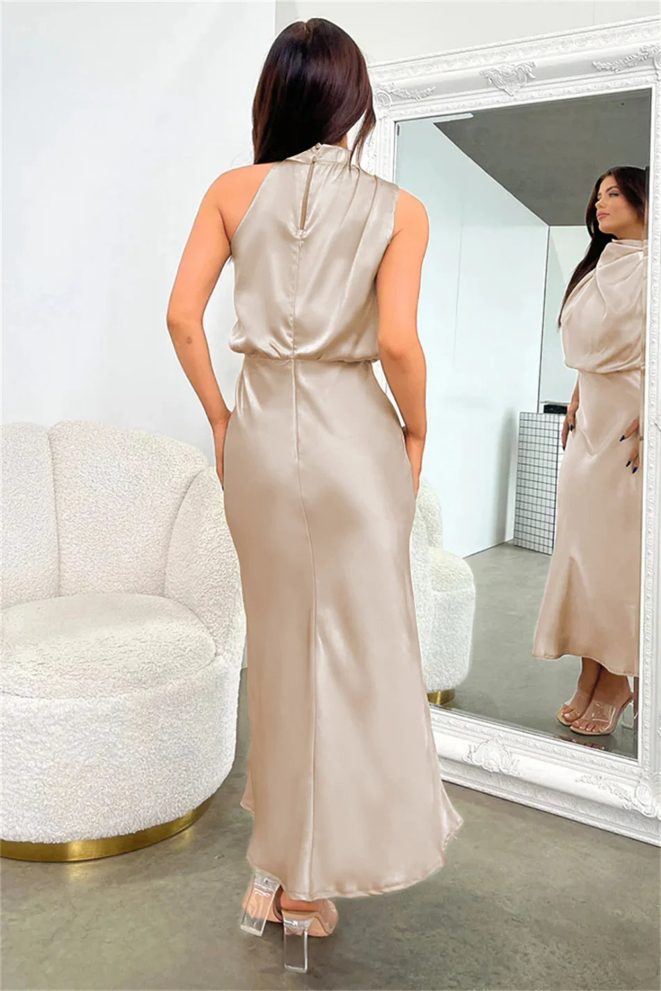 Luxury Satin Party Dress – Sleeveless Long Gown for Women’s Evening Events