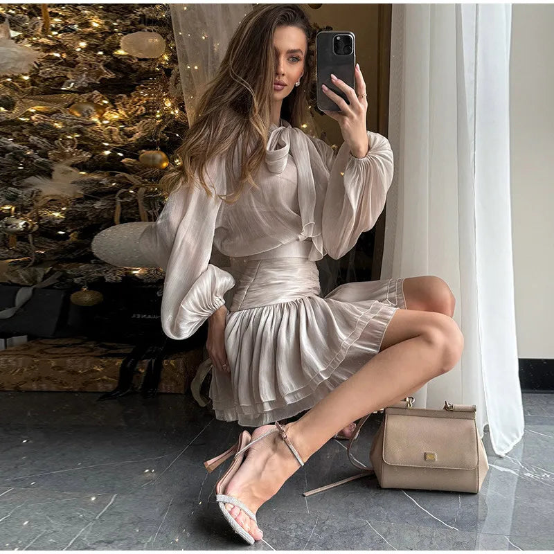 Women's Elegant Two-Piece Outfit – Lace-Up Blouse & Flowy Pleated Skirt