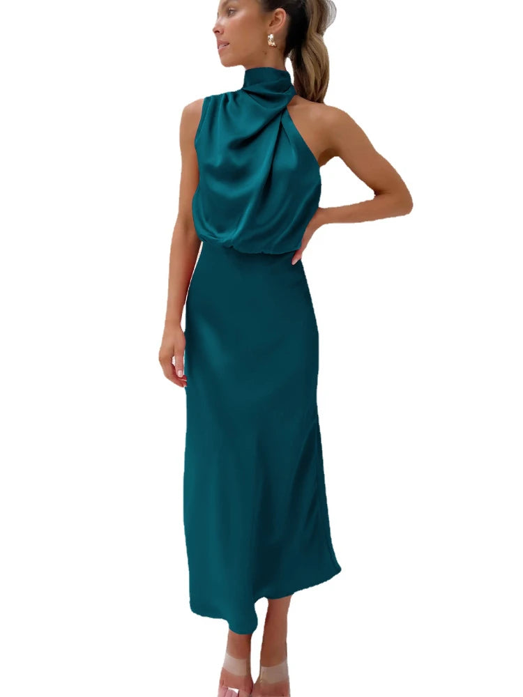 Luxury Satin Party Dress – Sleeveless Long Gown for Women’s Evening Events