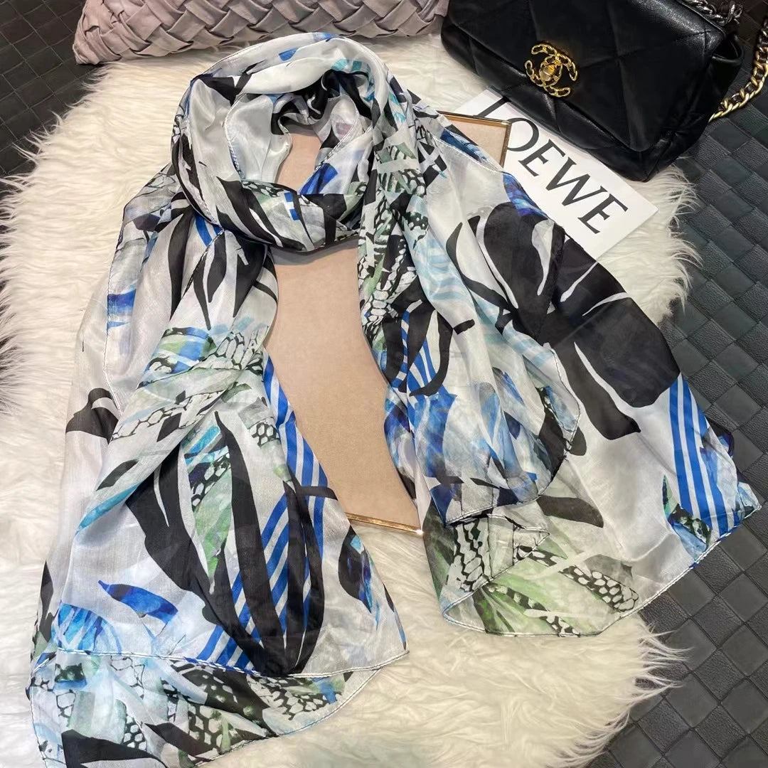 Elegant Blue Graffiti Silk Shawl – Neck & Head Scarf for All Seasons