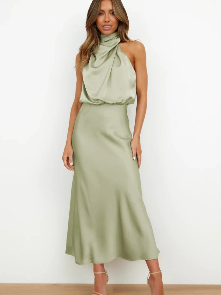 Luxury Satin Party Dress – Sleeveless Long Gown for Women’s Evening Events