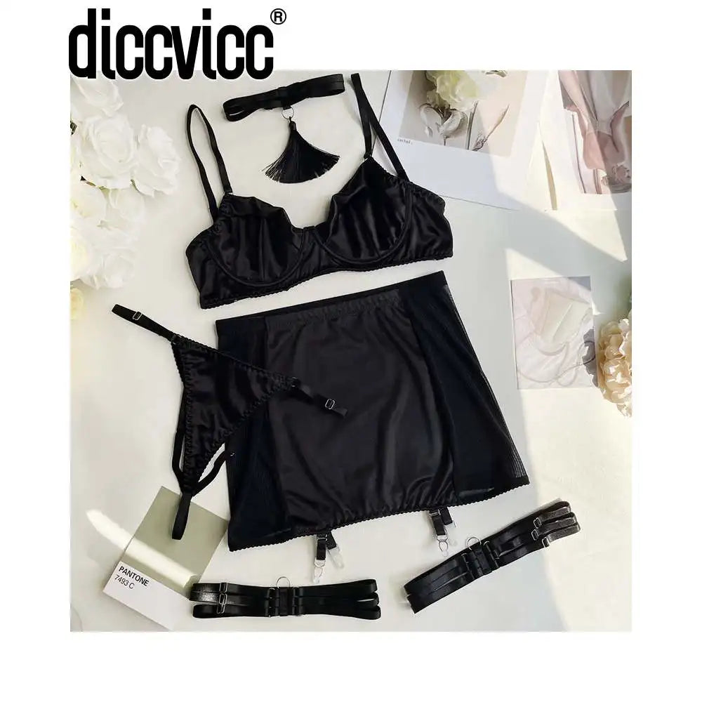 Seductive Tassel Bra & Thong Set – Satin Lace Exotic Skirt Lingerie