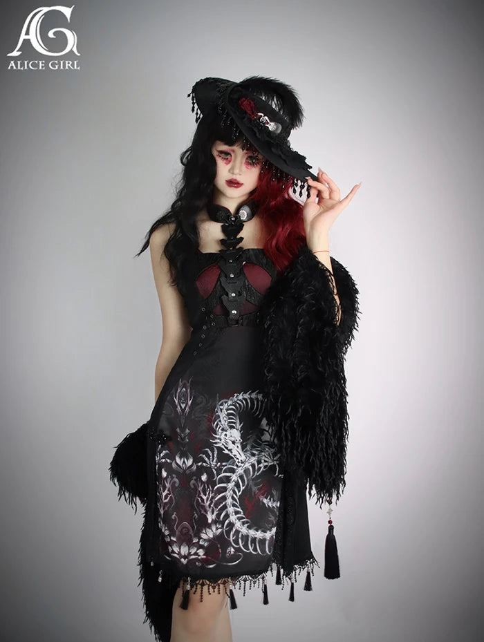 Original Alice Girl Dragon Print Dress – Light Lolita Gothic Punk Slip Dress