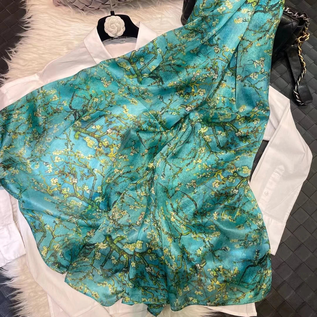 Elegant Blue Graffiti Silk Shawl – Neck & Head Scarf for All Seasons
