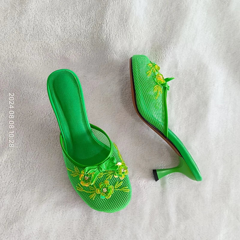 Sexy Thin Heel Flower Mesh Sandals – Summer Statement Slides for Women