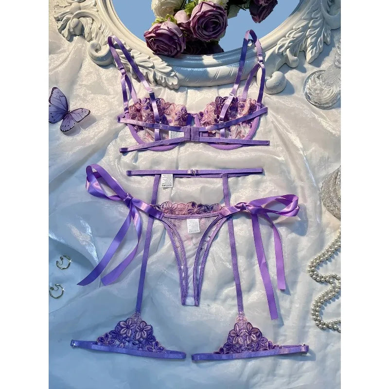 Seductive Purple Embroidered Lingerie – 3-Piece Lace Bra, Panty & Garter Belt Costume for Women