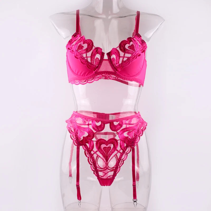 Women Sexy Black Embriodery Lingerie 3pcs Sets Hot Heart Pattern Fancy Bra And Panties With Garter Set Erotic Underwear Suits
