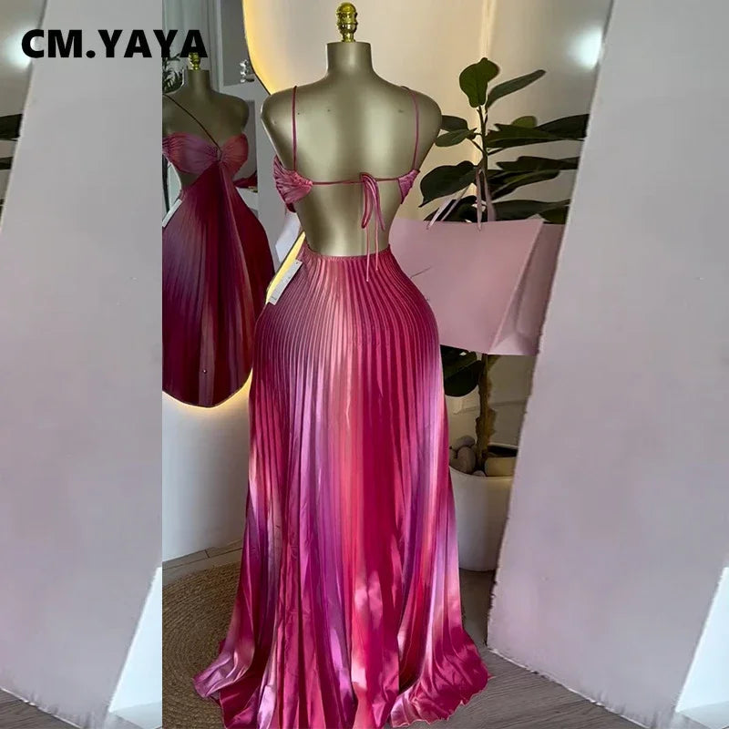 Elegant Gradient Pleated Long Dress – CM.YAYA Summer Statement