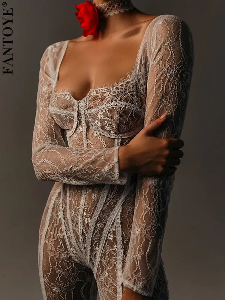 Sexy White Lace Jumpsuit – Fantoye Long Sleeve Club & Party Romper
