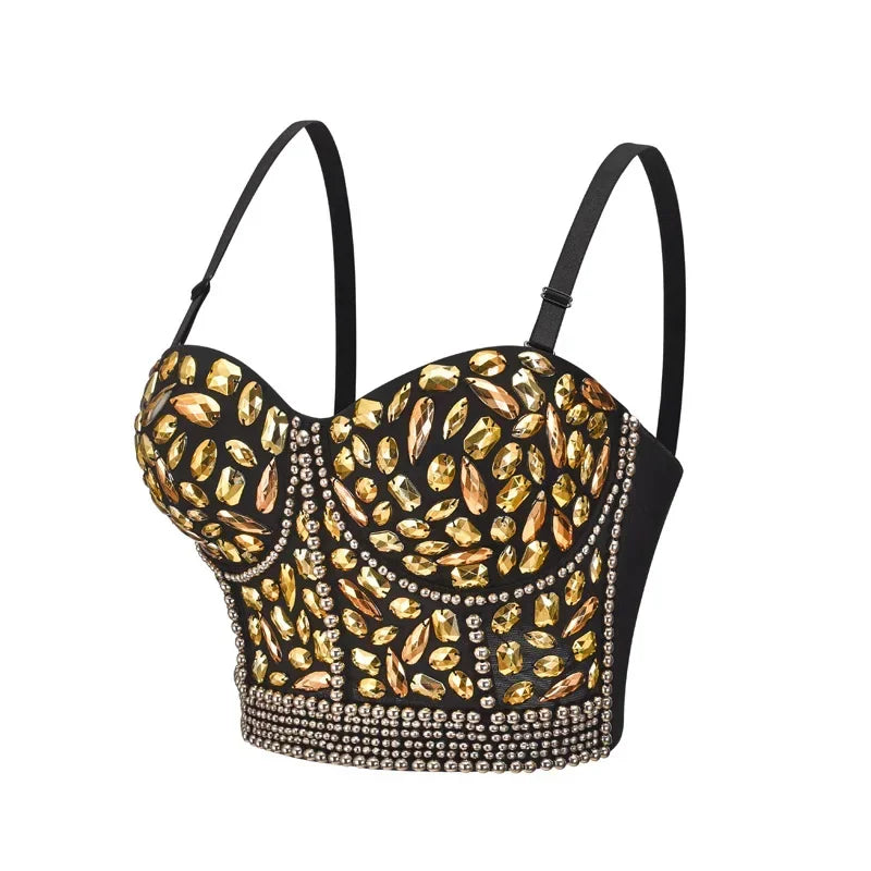 Women’s Luxury Bustier Crop Top – Rhinestone Beaded Push Up Bralette for Club & Rave