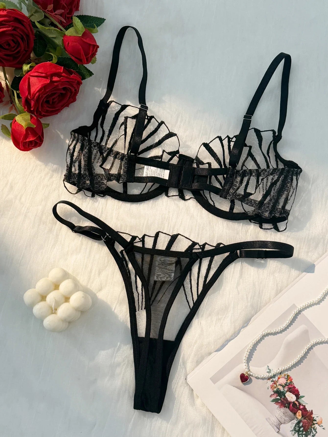 All-Season Women’s Lingerie – Black Scallop Bra & Thong with Adjustable Garters