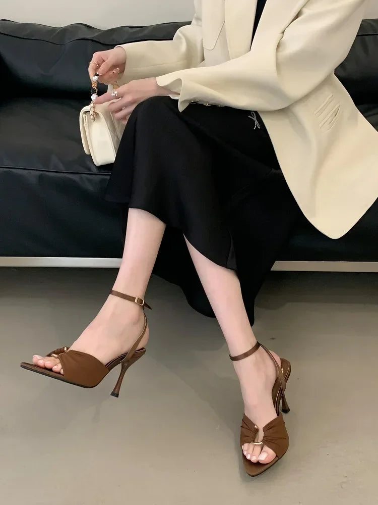 Aneikeh Elegant Pointed Toe High Heel Mules – Pleated Design Sandals